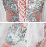 Pink A-line Long-Sleeved Tulle Embroidered Wedding Dress, Gentle Long Prom Dress HZ1024