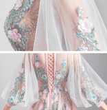 Pink A-line Long-Sleeved Tulle Embroidered Wedding Dress, Gentle Long Prom Dress HZ1024