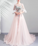 Pink A-line Long-Sleeved Tulle Embroidered Wedding Dress, Gentle Long Prom Dress HZ1024