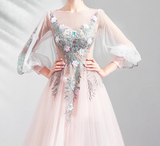 Pink A-line Long-Sleeved Tulle Embroidered Wedding Dress, Gentle Long Prom Dress HZ1024