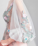 Pink A-line Long-Sleeved Tulle Embroidered Wedding Dress, Gentle Long Prom Dress HZ1024