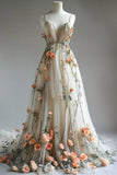 V Neck Wedding Dresses 3D Flowers Appliques Tulle A-line Prom Gowns HZ1024