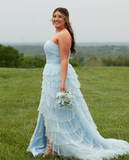 Blue Strapless Layered Tulle Prom Dress with Sequins HZ1024