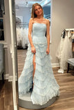 Blue Strapless Layered Tulle Prom Dress with Sequins HZ1024