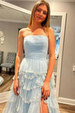 Blue Strapless Layered Tulle Prom Dress with Sequins HZ1024