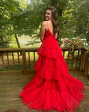 Tulle Deep V Neck Spaghetti Straps Long Prom Dress HZ1024