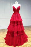 Tulle Deep V Neck Spaghetti Straps Long Prom Dress HZ1024