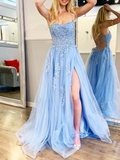 Blue A-Line Spaghetti Strap Lace Tulle Long Prom Dress HZ1024
