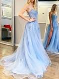 Blue A-Line Spaghetti Strap Lace Tulle Long Prom Dress HZ1024