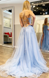 Blue A-Line Spaghetti Strap Lace Tulle Long Prom Dress HZ1024
