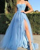 Blue A-Line Spaghetti Strap Lace Tulle Long Prom Dress HZ1024