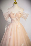 Flowers Tulle Long Formal Dresses, Champagne Off Shoulder Evening Dresses HZ1024