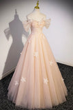 Flowers Tulle Long Formal Dresses, Champagne Off Shoulder Evening Dresses HZ1024