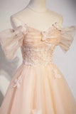 Flowers Tulle Long Formal Dresses, Champagne Off Shoulder Evening Dresses HZ1024