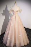 Flowers Tulle Long Formal Dresses, Champagne Off Shoulder Evening Dresses HZ1024