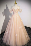 Flowers Tulle Long Formal Dresses, Champagne Off Shoulder Evening Dresses HZ1024