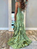 Sage V Neck Satin Long Prom Dress With Ruffle Skirt HZ1024