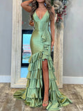 Sage V Neck Satin Long Prom Dress With Ruffle Skirt HZ1024