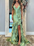 Sage V Neck Satin Long Prom Dress With Ruffle Skirt HZ1024