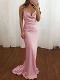 Pink Spaghetti Straps Satin Mermaid Prom Dress HZ1024