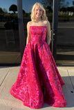 A Line Sweetheart Jacquard Satin Red Long Prom Dress with Pockets HZ1024