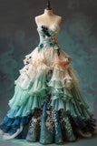 Ombre Sweetheart Chiffon Long Ball Gown Embroidered Applique Sweet Floral Formal Dress HZ1024