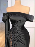 Off-The-Shoulder Long Sleeves Satin/Sequined Prom Dresses HZ1024