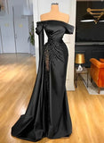 Off-The-Shoulder Long Sleeves Satin/Sequined Prom Dresses HZ1024