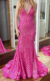 V Neck Pink Sequins Mermaid Long Prom Dress HZ1024