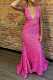 V Neck Pink Sequins Mermaid Long Prom Dress HZ1024