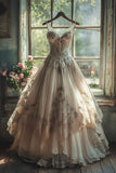A-line Sweetheart Neck Tulle Lace Long Prom Dress Applique Sweet Flower Wedding Dress HZ1024