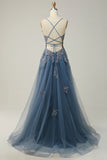 A-line Spaghetti Strap Tulle Long Prom Dress Applique V-neck Party Dress HZ1024