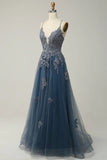 A-line Spaghetti Strap Tulle Long Prom Dress Applique V-neck Party Dress HZ1024