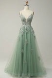 A-line Spaghetti Strap Tulle Long Prom Dress Applique V-neck Party Dress HZ1024
