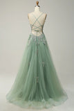 A-line Spaghetti Strap Tulle Long Prom Dress Applique V-neck Party Dress HZ1024