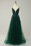 A-line Spaghetti Strap Tulle Long Prom Dress Applique V-neck Party Dress HZ1024