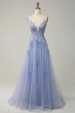 A-line Spaghetti Strap Tulle Long Prom Dress Applique V-neck Party Dress HZ1024