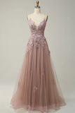 A-line Spaghetti Strap Tulle Long Prom Dress Applique V-neck Party Dress HZ1024