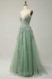 A-line Spaghetti Strap Tulle Long Prom Dress Applique V-neck Party Dress HZ1024