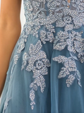 A-line Spaghetti Strap Tulle Long Prom Dress Applique V-neck Party Dress HZ1024