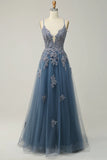 A-line Spaghetti Strap Tulle Long Prom Dress Applique V-neck Party Dress HZ1024