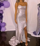 Silver Strapless Beaded Long Prom Dress with Slit HZ1024