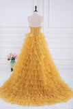 A-line Strapless Tulle Sequined Long Prom Dress, Gold Sweet 16 Dress HZ1024