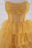 A-line Strapless Tulle Sequined Long Prom Dress, Gold Sweet 16 Dress HZ1024