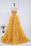 A-line Strapless Tulle Sequined Long Prom Dress, Gold Sweet 16 Dress HZ1024
