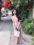 satin off-shoulder skirt with irregular waist and elegant hip-hugging style HZ1024