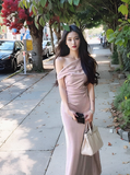 satin off-shoulder skirt with irregular waist and elegant hip-hugging style HZ1024