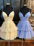 Deep V Neck Tiered Short Prom Dress HZ1024
