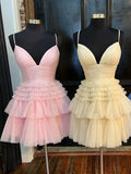 Deep V Neck Tiered Short Prom Dress HZ1024