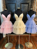 Deep V Neck Tiered Short Prom Dress HZ1024